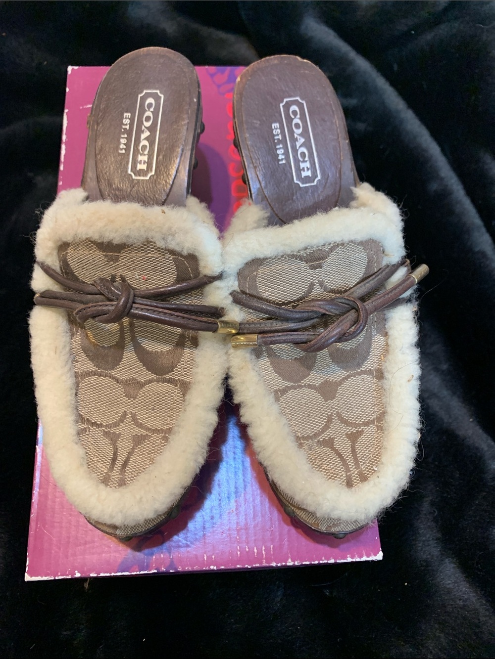 Coach Brown and Cream Signature Shearling Mule Slides